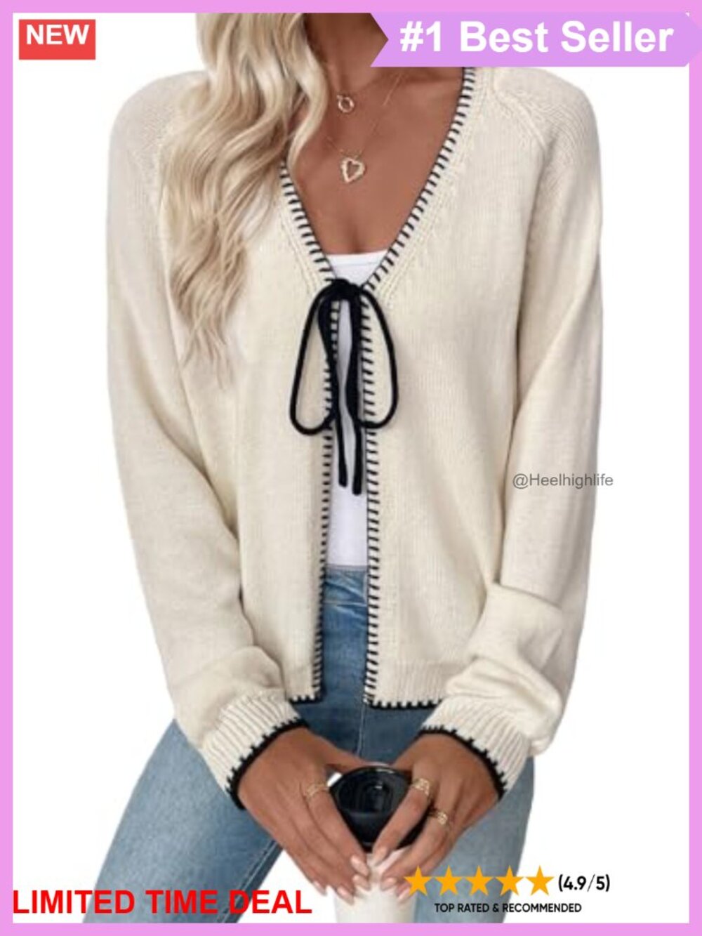 Lightweight Knit Open Front Cardigan Long Sleeve Loose Fit Bow Tie